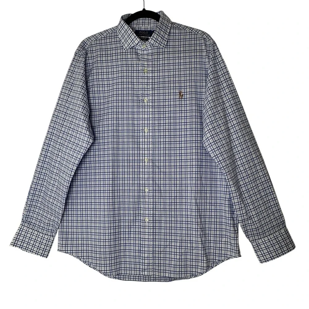 Polo Ralph Lauren Shirt Mens Large L Blue‎ Plaid Long Sleeve Cotton Pony